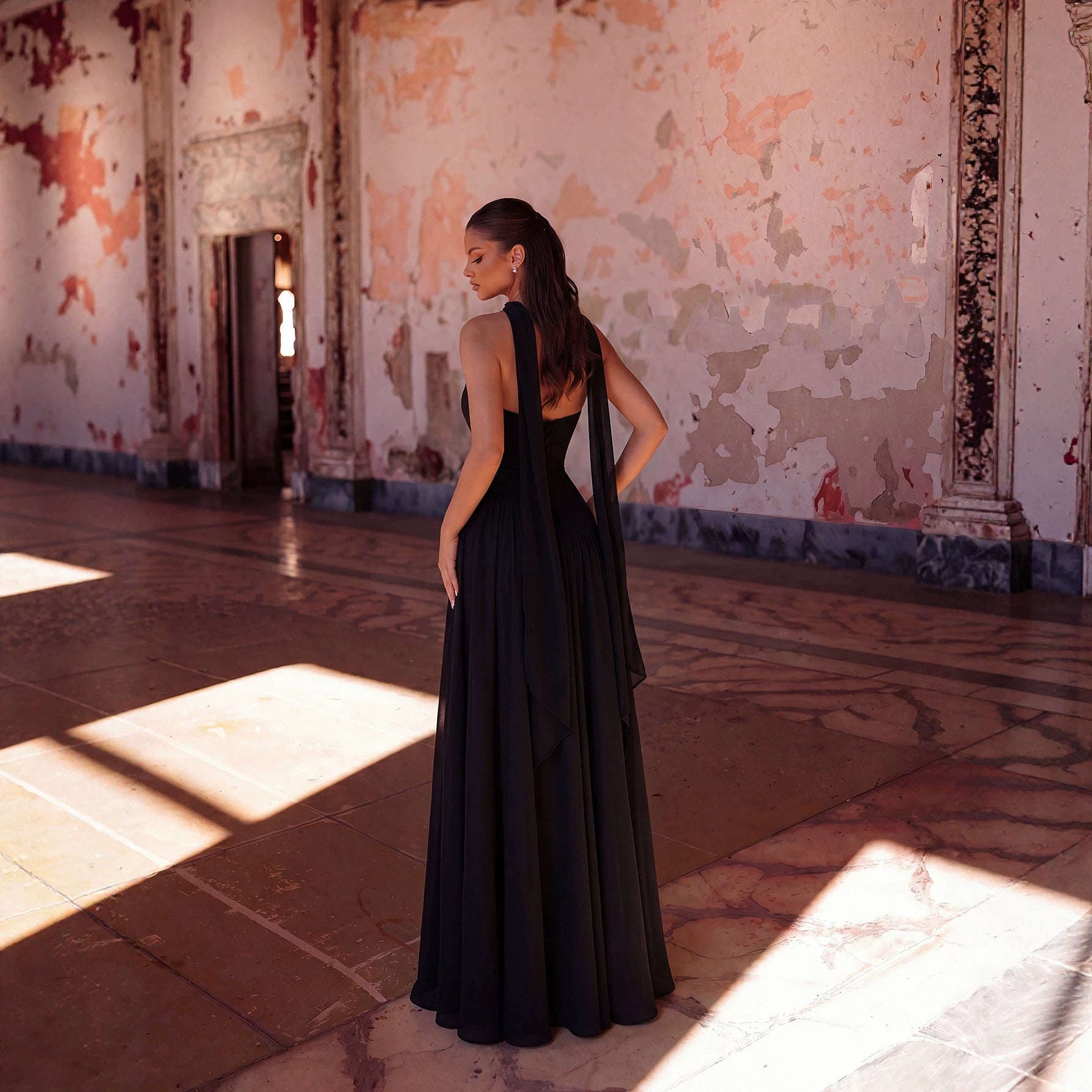 Sexy Halter Ribbon Tube Top Evening Dress Solid Color Draping Chiffon High Slit Mopping Cocktail Dress