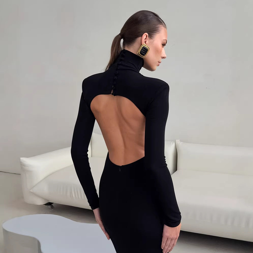Vestido elegante de primavera negro sexy sin espalda de punto ajustado de manga larga con cuello alto para mujer