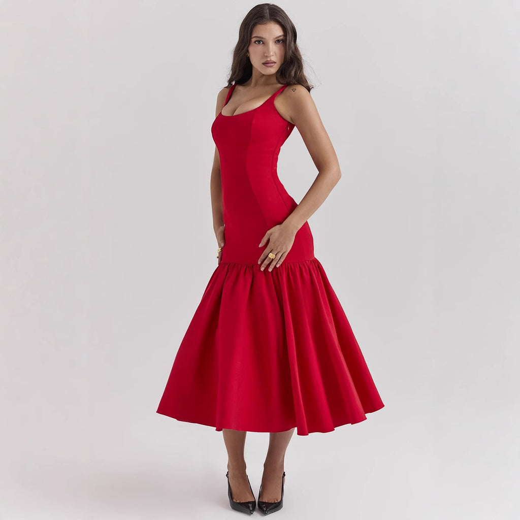 Robe d'été élégante à col carré, coupe fourreau, taille cintrée et bretelles sirène pour femme.