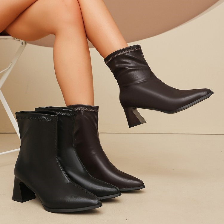 High Heel Short Elastic Pointed Leather Boots Women Fall Small Chunky Heel Sleeve Boots