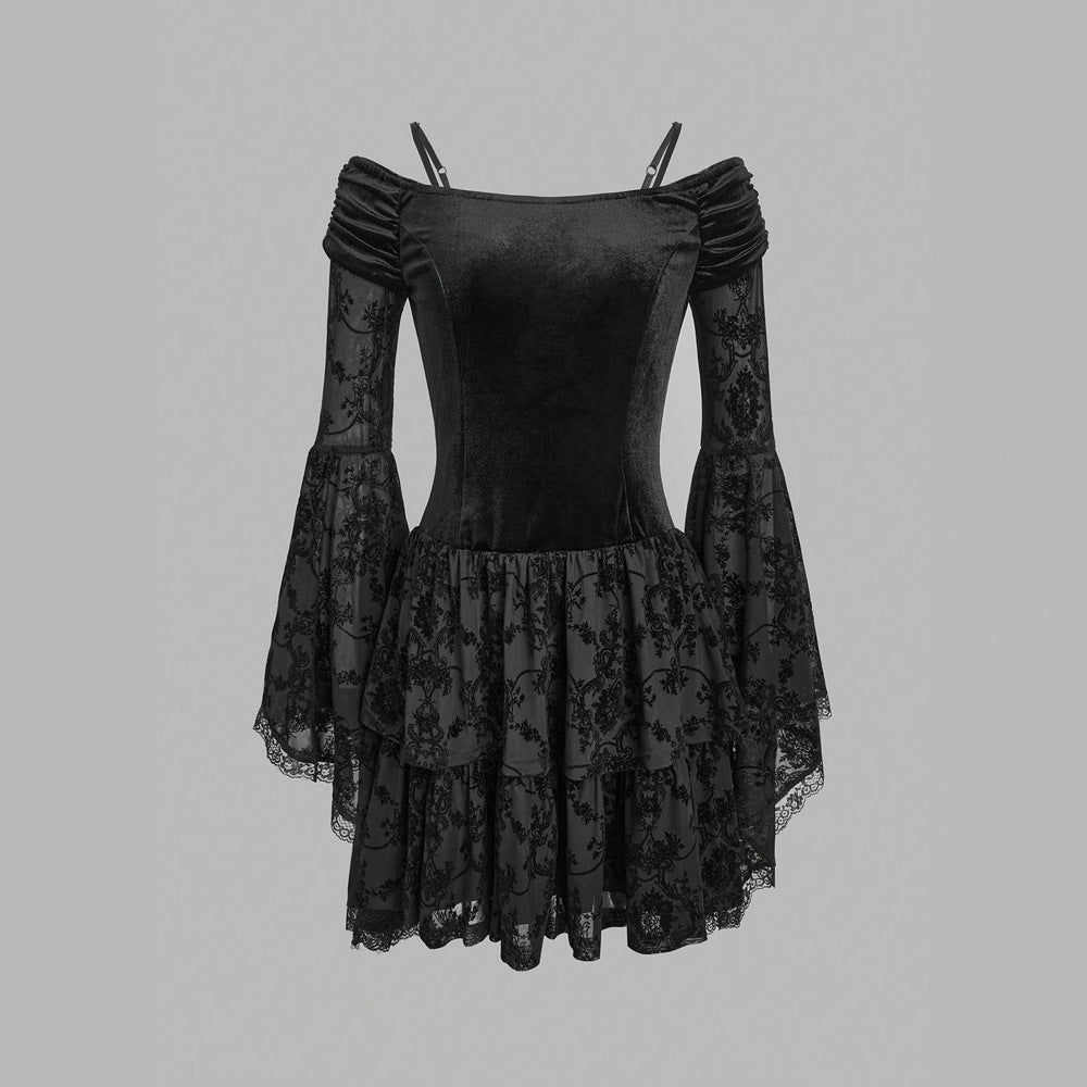 Robe noire sexy à imprimé floqué, épaules dénudées, taille cintrée et manches évasées
