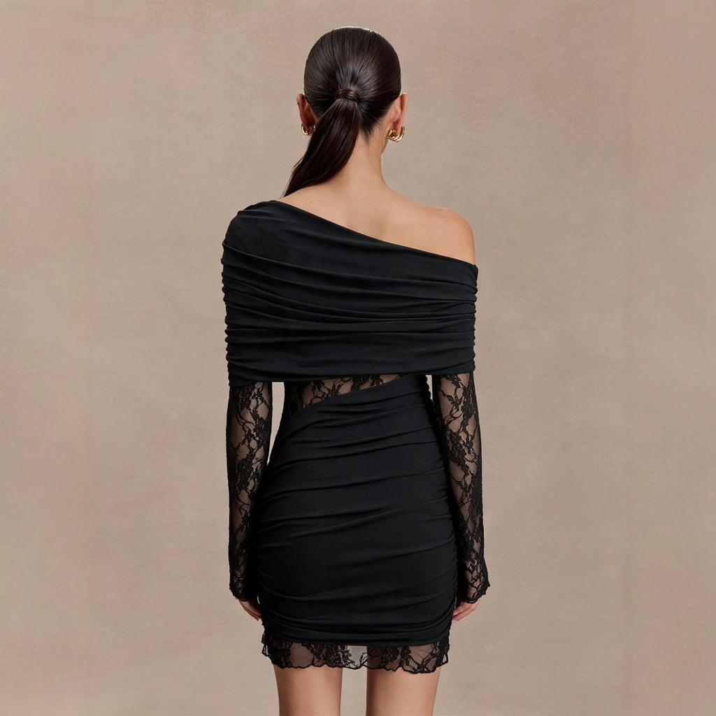 Sexy Shoulder Long Sleeve Dress Women Lace Patchwork Waist Slimming Slimming Hip Dress
