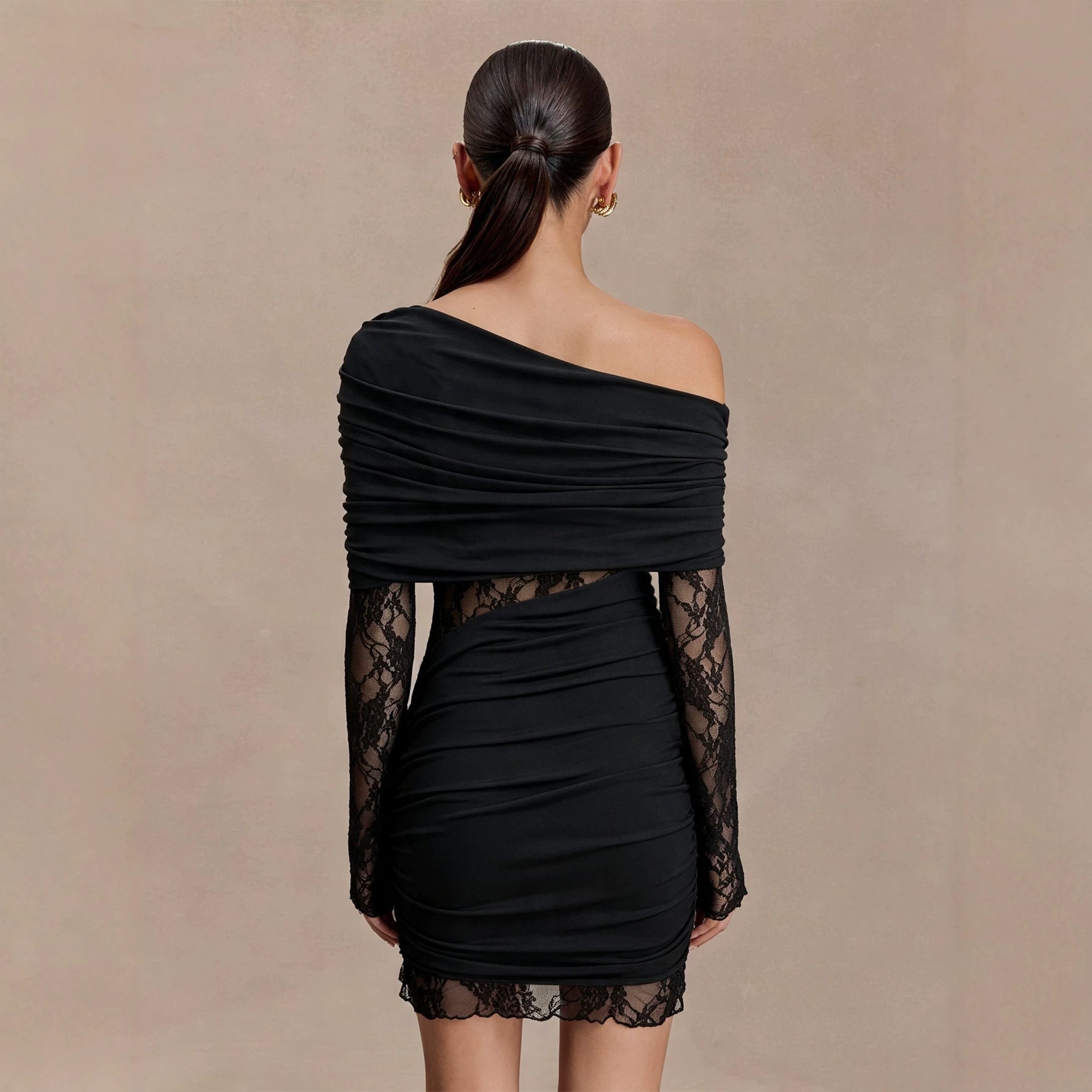 Sexy Shoulder Long Sleeve Dress Women Lace Patchwork Waist Slimming Slimming Hip Dress