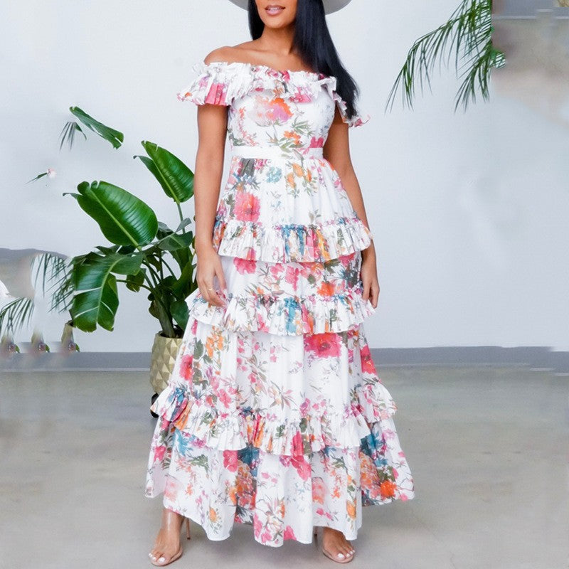 Robe longue d'été imprimée à volants, col rond et manches longues pour femme