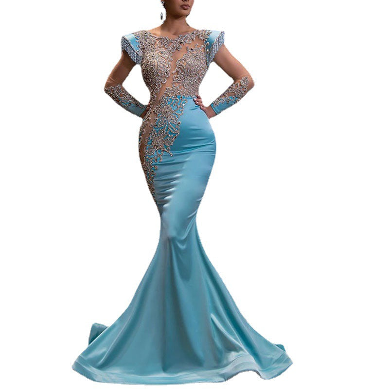 Daily Light Blue Fishtail Banquet Long Alluvial Gold Series Slimming Annual Party Evening Dress Women