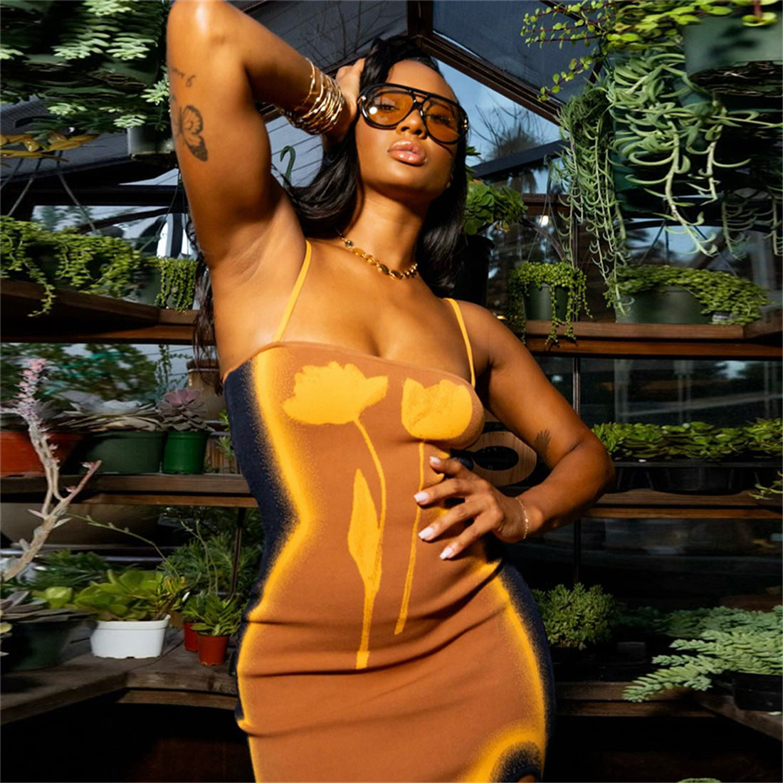 Fall Women Clothing Sexy Tube Top Backless Printed Hip Spaghetti Straps Dress