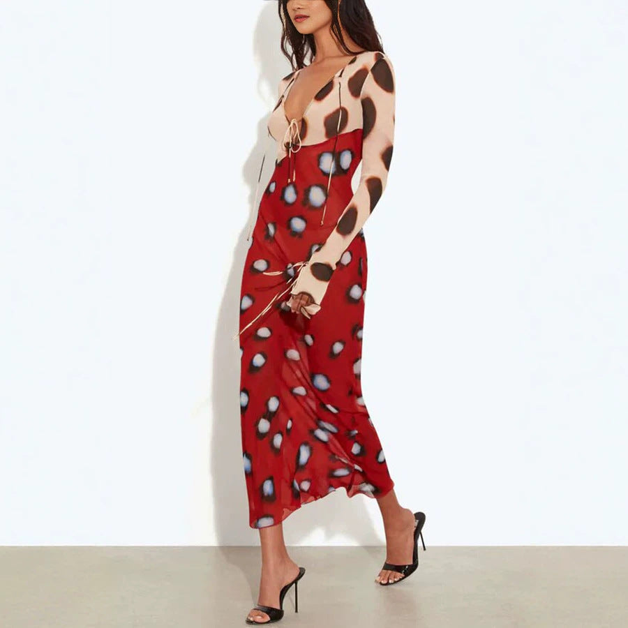 Robe femme longue manches, à lacets, en maille imprimée transparente et extensible