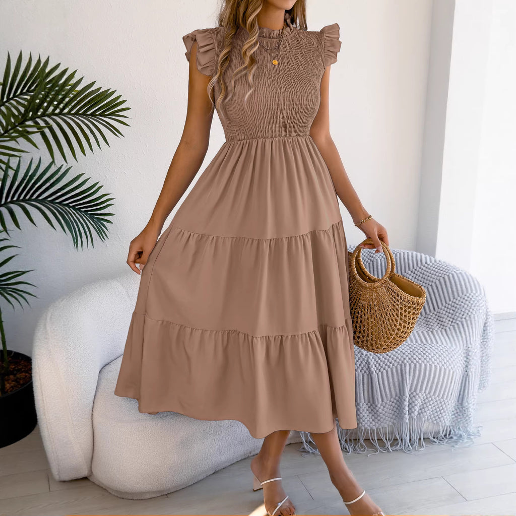 Vestido largo de primavera y verano para mujer, color liso, con orillo de fibra, mangas abullonadas y fruncido que adelgaza la cintura.