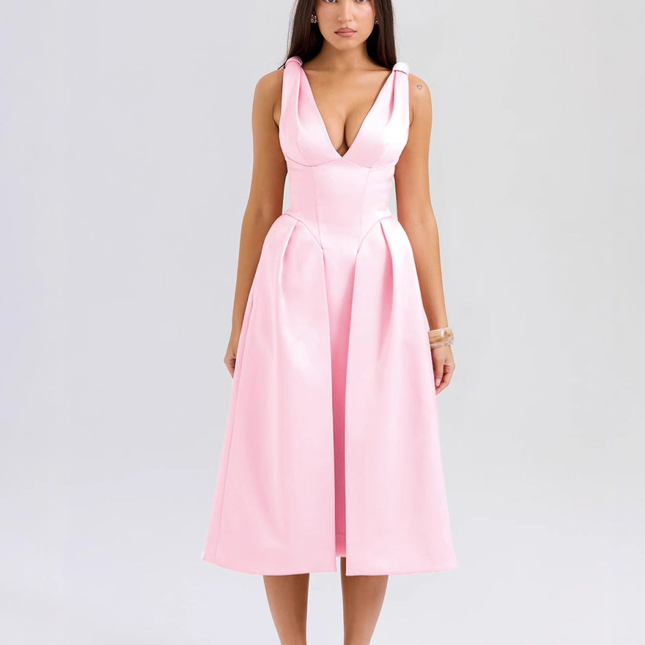 Vestido de verano con tirantes finos, color liso, cuello en V, elegante