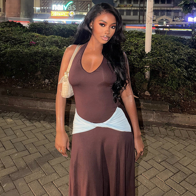 Color Matching Women Pleated Simple Design V neck Halter Waist Tight Maxi Dress