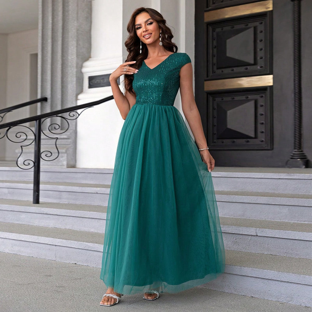 Sexy Women Contrast Color Sequined Mesh Cloth Covered Formal Dress