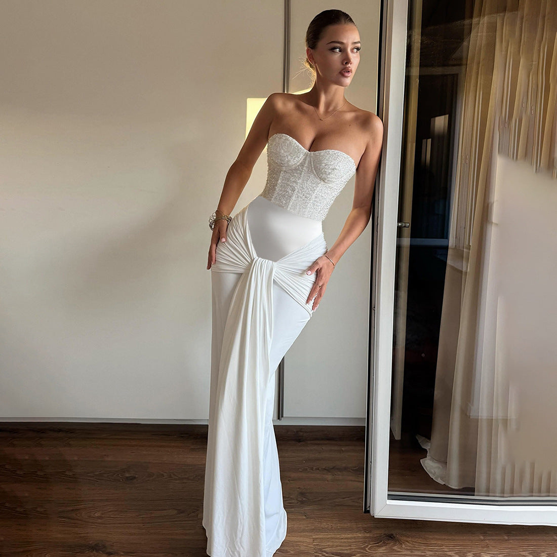 Vestido tubo con espalda descubierta y costuras de lentejuelas para mujer, ropa de otoño