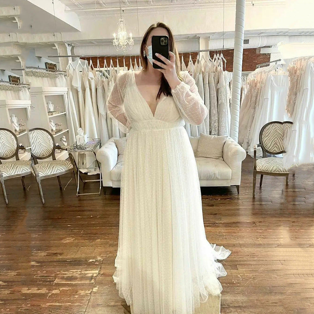 Robe maxi longue transparente à manches longues en maille, décolleté plongeant en V, robe trapèze pour femme enceinte