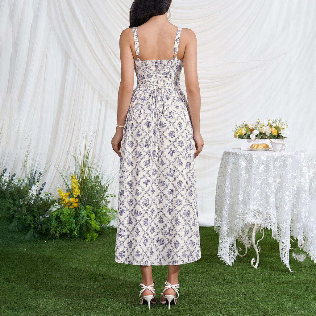 Printed Summer Slip Dress Sexy Backless Lace up Tight Waist High Slit Midi Dress