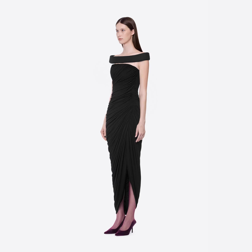 Sexy off the Shoulder Side Slit Draping Effect Pleated Slim Fit Dinner Birthday Party Dress