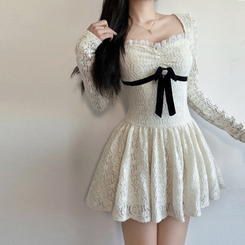 Robe moulante trapèze à nœud et coutures en dentelle pour femme, automne, petite robe courte sexy