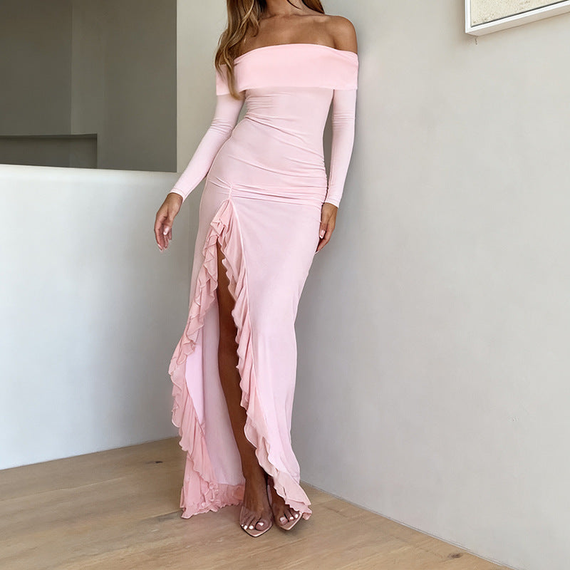 Robe maxi moulante à épaules dénudées, fente sexy et manches longues à volants pour femme, idéale pour l'automne.