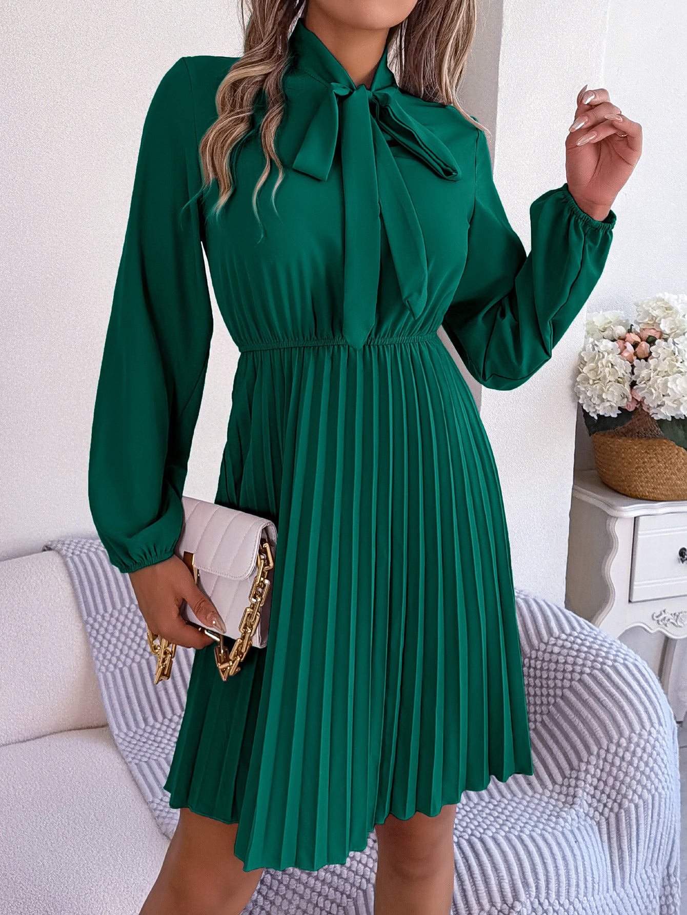 Autumn Winter Elegant Tied Waist Controlled Long Sleeves Pleated Dress Women Clothing