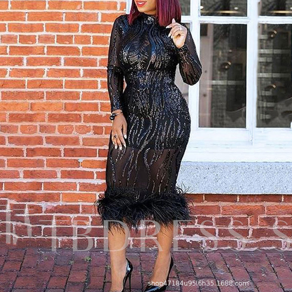 Robe femme manches longues col roulé robe midi taille cintrée effet bronzant