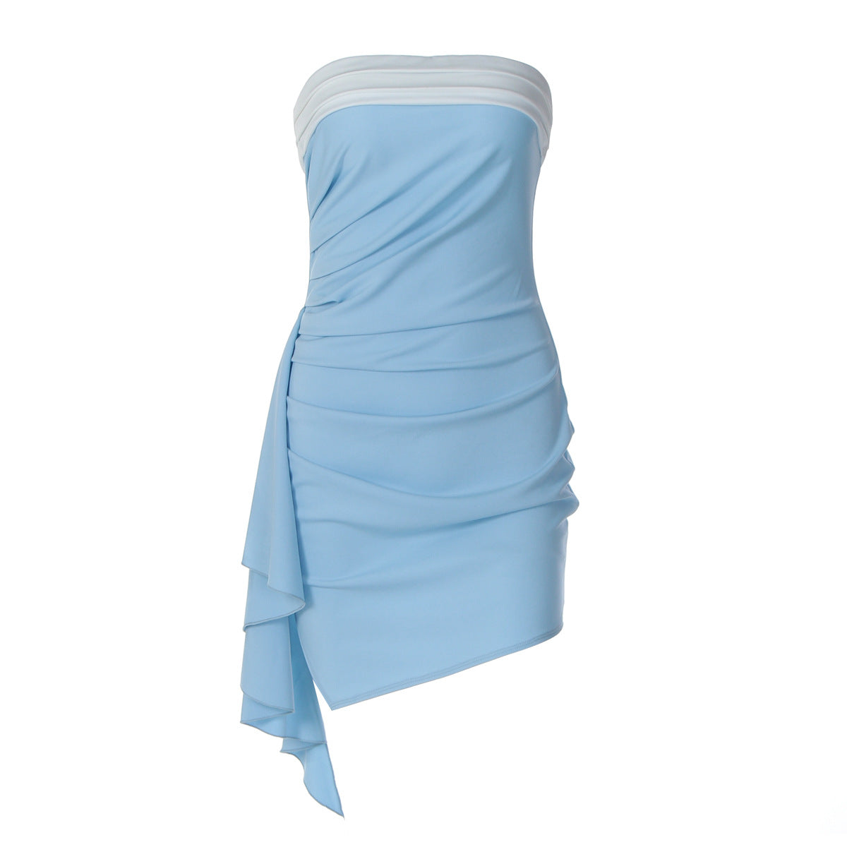 Women Clothing Autumn Color Contrast Patchwork Sexy Tube Top off Neck Ribbon Slim Dress