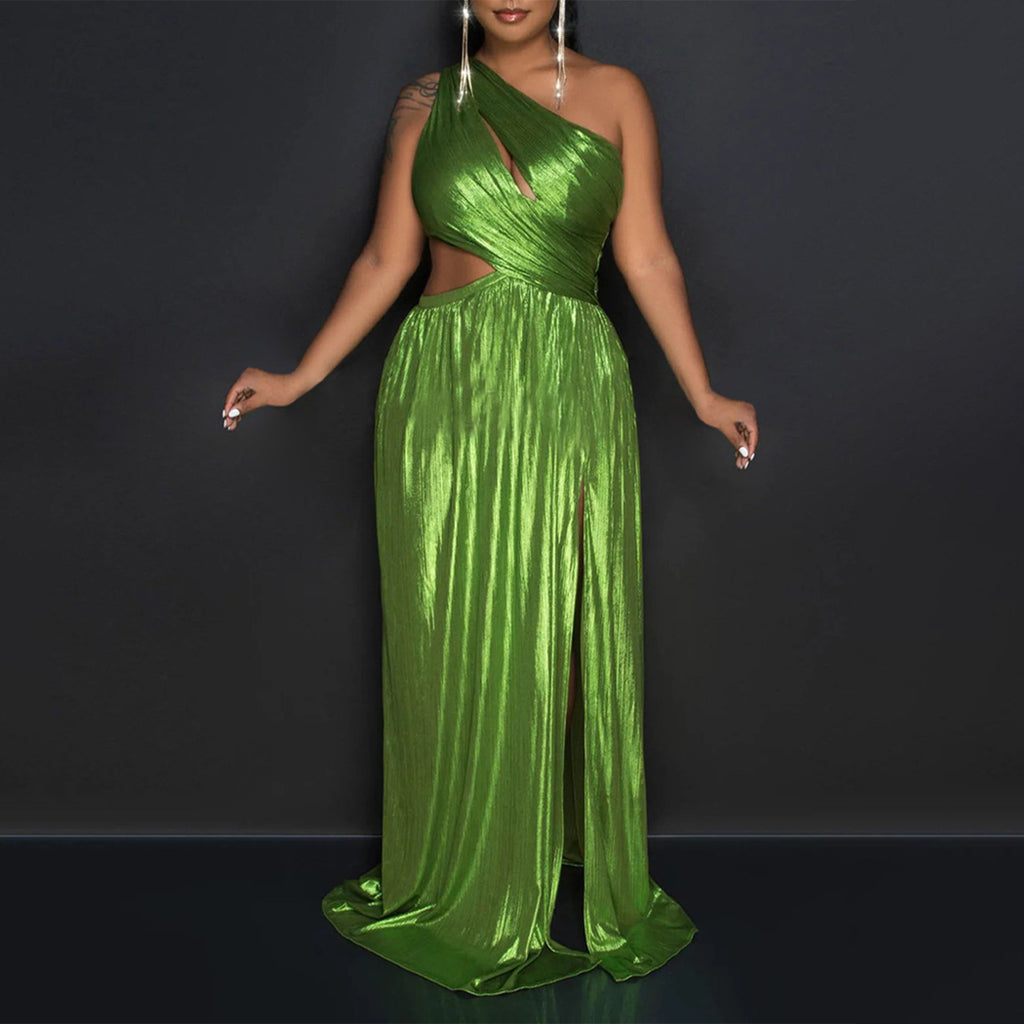 Women Clothing One Shoulder Evening Dress Sexy Slit Waist-Baring Dress