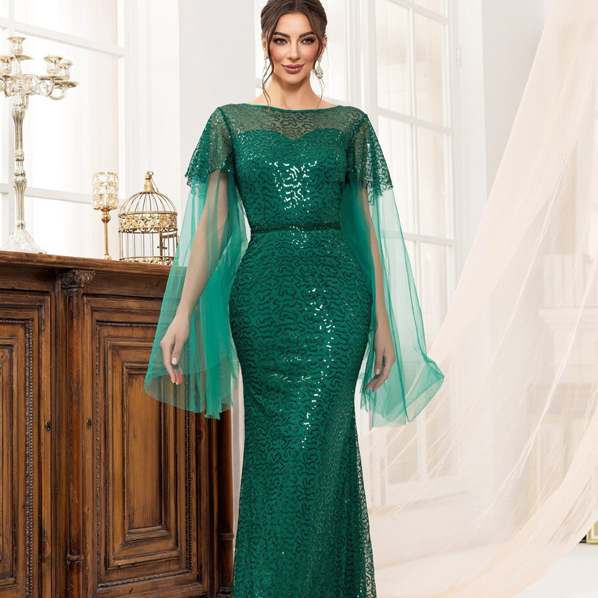 Cocktail Elegant Long Sleeveless Sequined Atmosphere Queen Fishtail Evening Dress