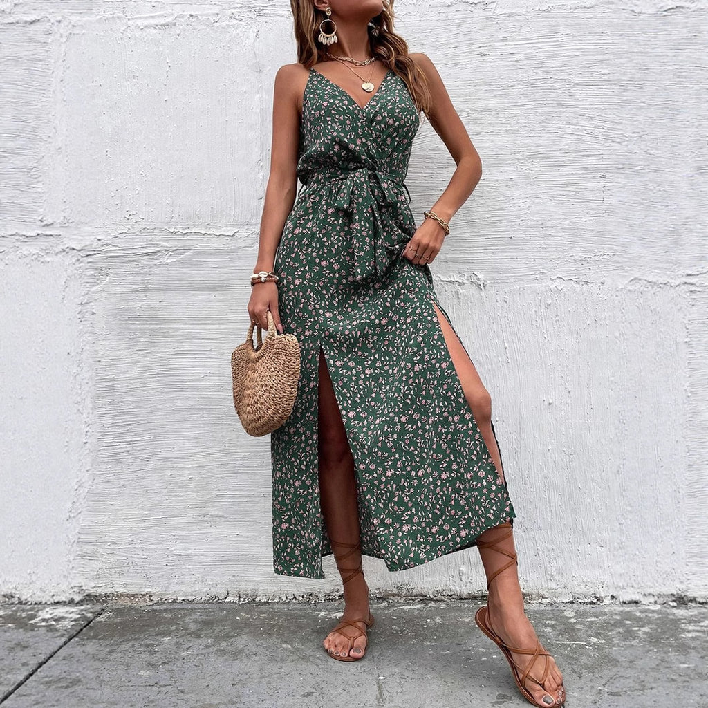 Vestido largo bohemio de verano con tirantes y estampado para mujer