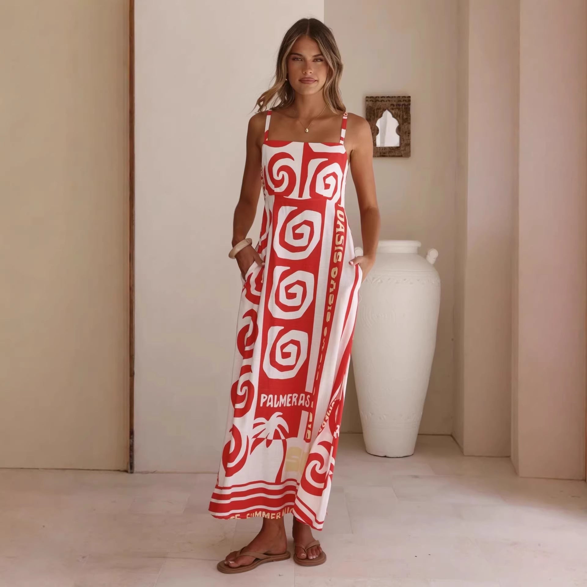 Vestido camisero de verano con estampado geométrico abstracto y vuelo grande para mujer