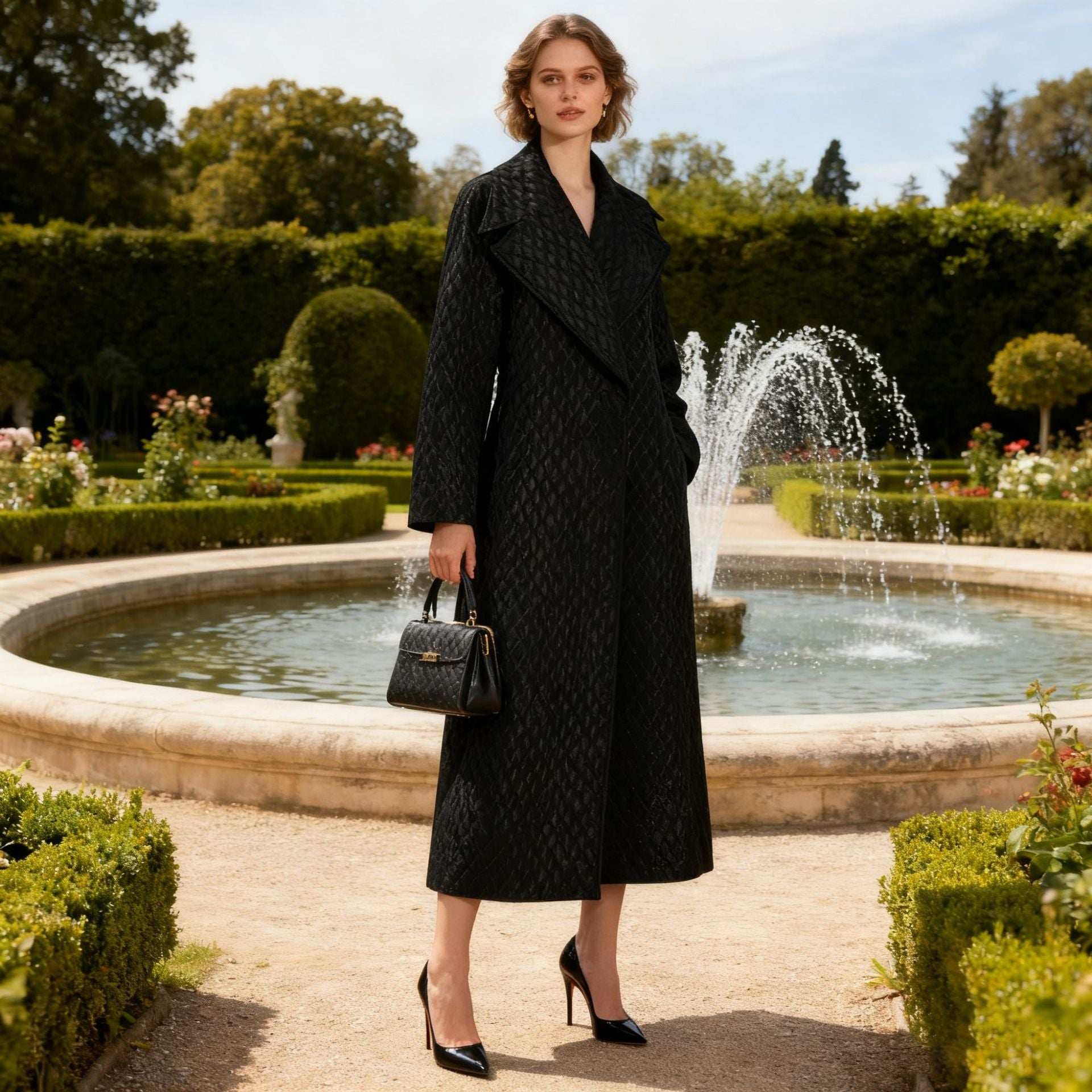 Women French Long Sleeve Loose Diamond Coat Autumn High Sense Show Thin Black Windbreaker