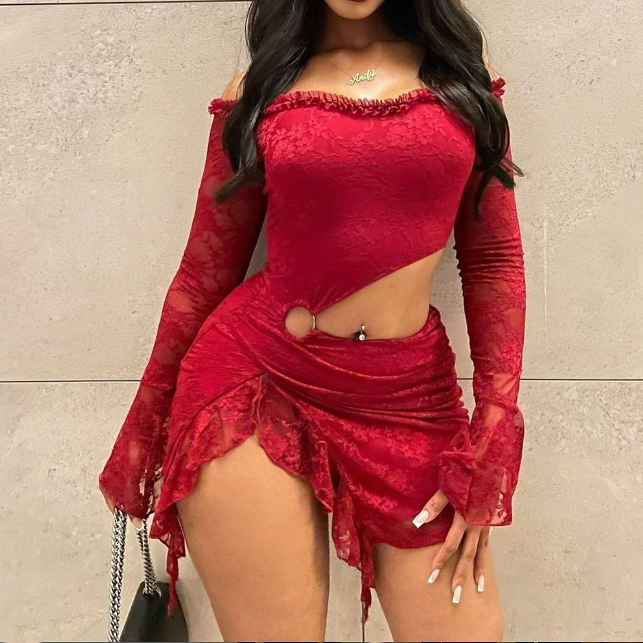 Women Clothing Autumn Sexy Cropped Lace Stitching Tube Top Lace Dress