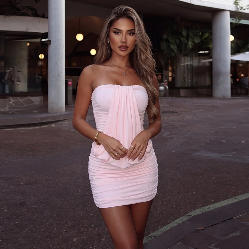 Women Clothing Summer Sexy Tube Top off Neck Fitted Waist Pleated Skinny Sheath Dress