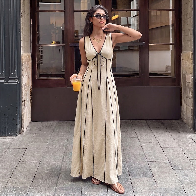 Summer Office Lace up Contrast Color V neck Sleeveless Dress Women