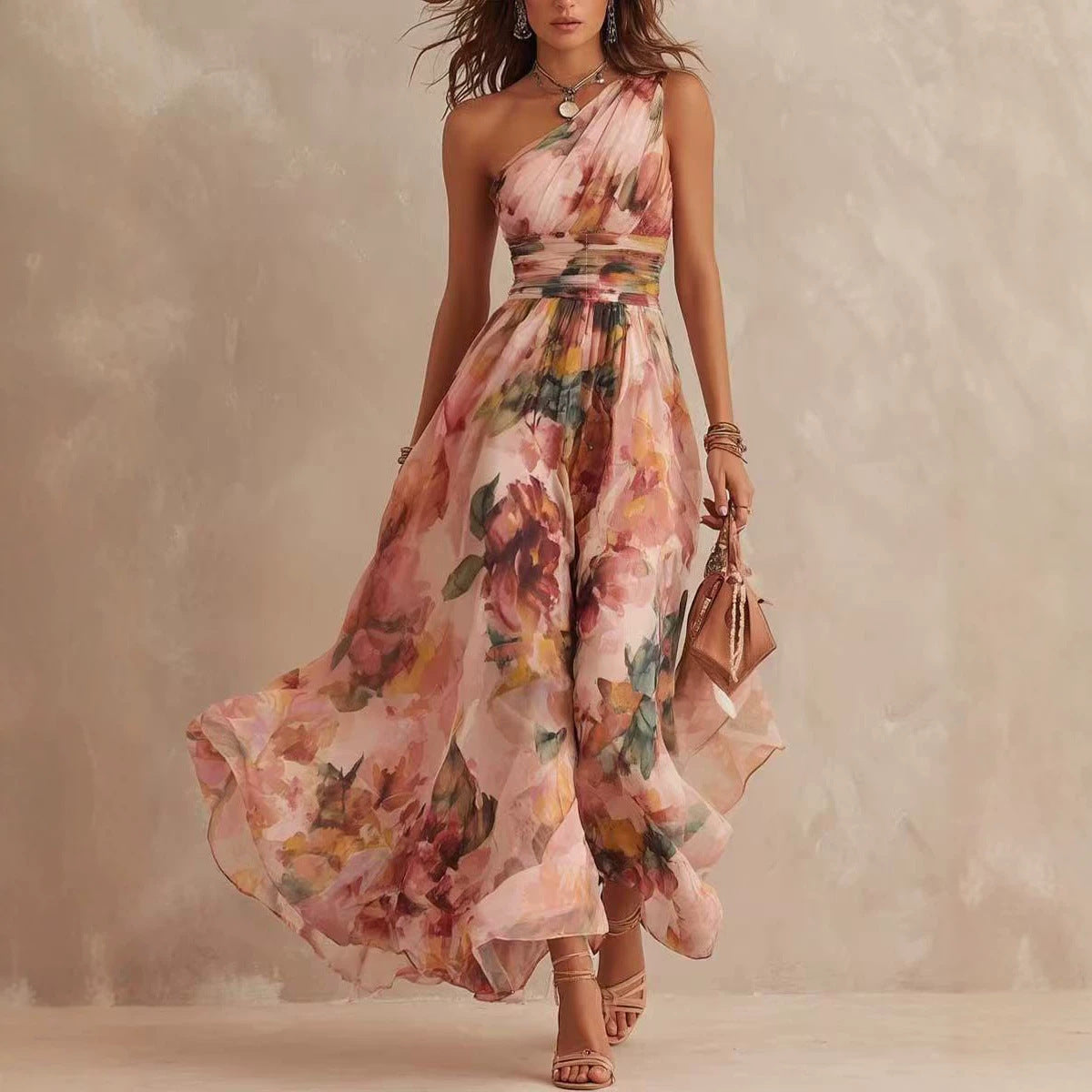 Fashionable Elegant Printed Dress Sexy One Shoulder Waist Tight Elegant Beach Dress