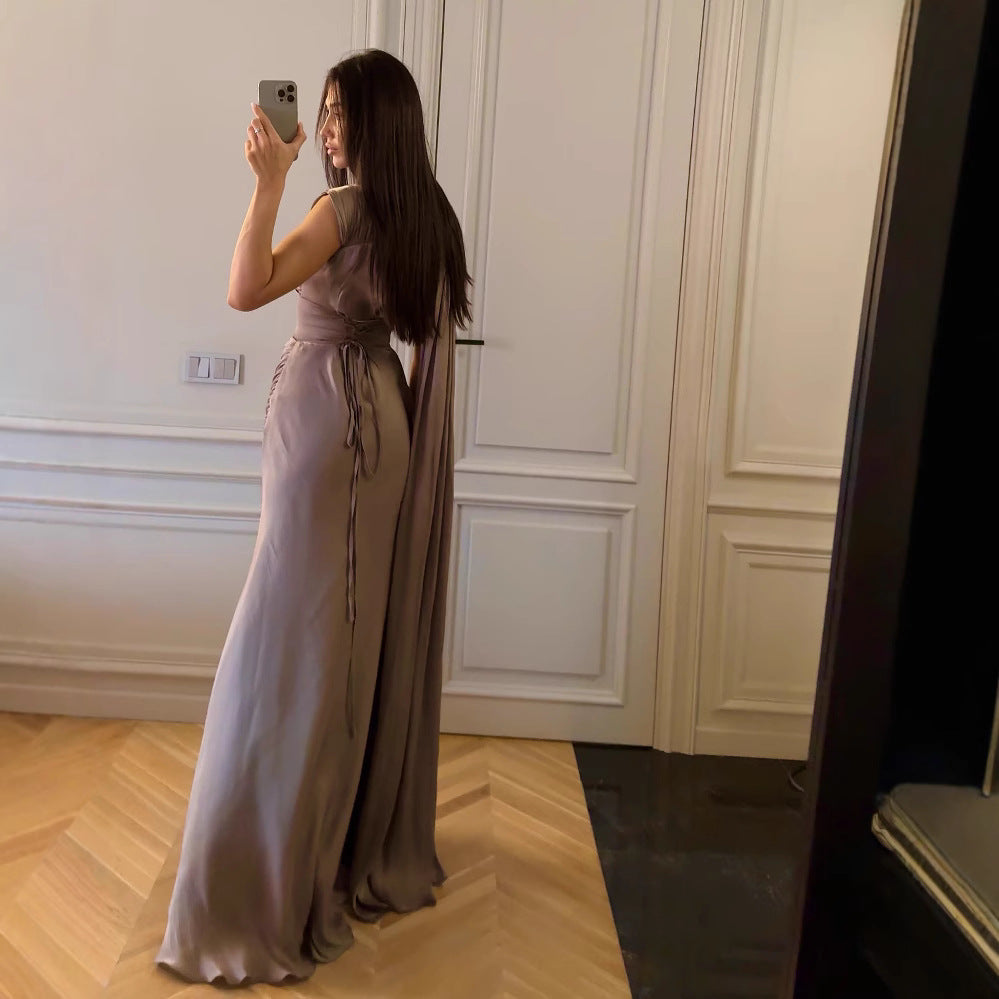 Spring Summer Women Clothing Pleated Ribbon Satin Evening Dress