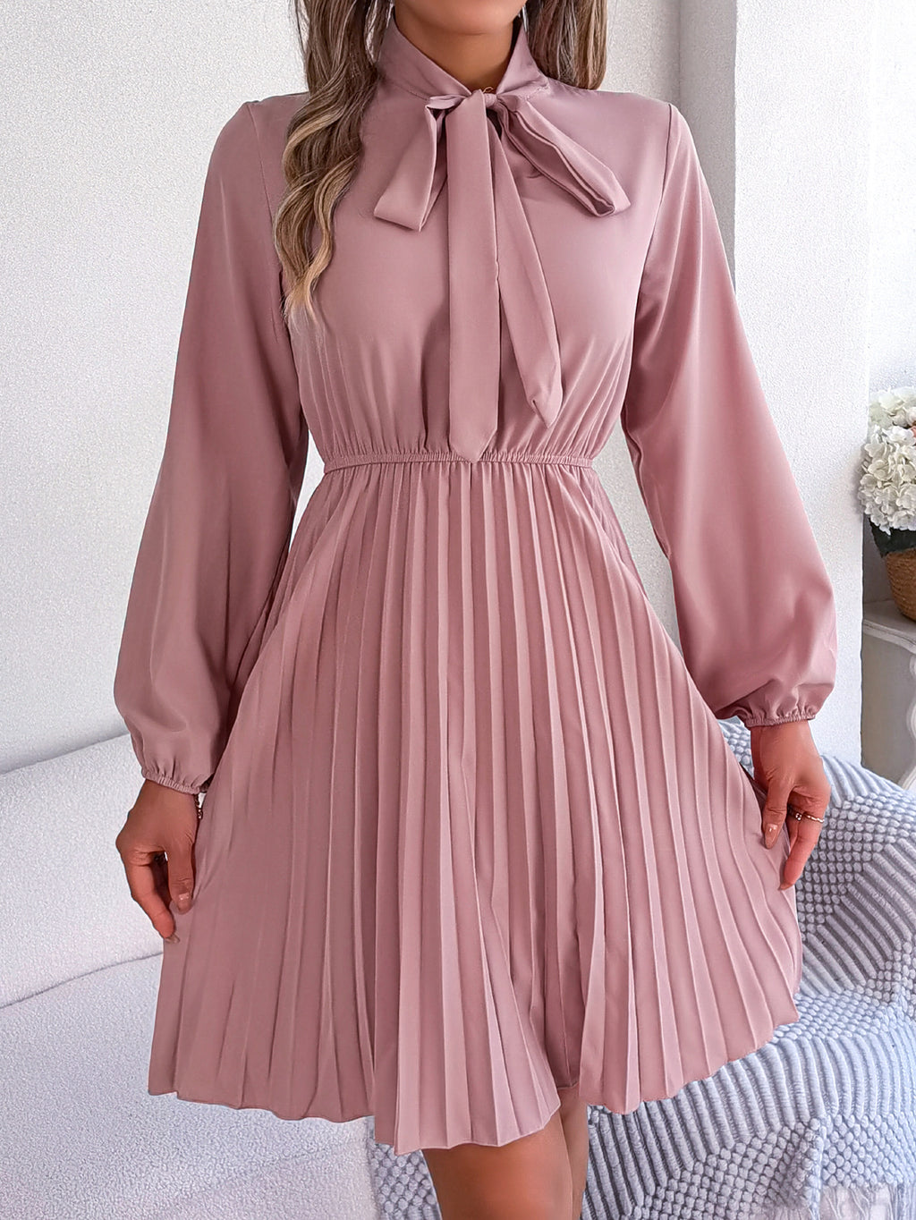 Autumn Winter Elegant Tied Waist Controlled Long Sleeves Pleated Dress Women Clothing