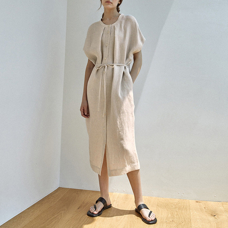 Vestido de verano de lino puro, holgado, con cintura ancha y cordones, midi.