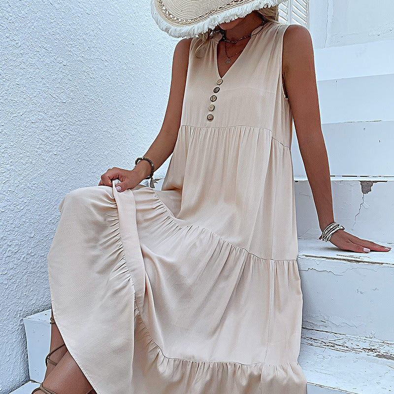 Summer Vest Dress Sleeveless Loose Casual Solid Color Babydoll Dress