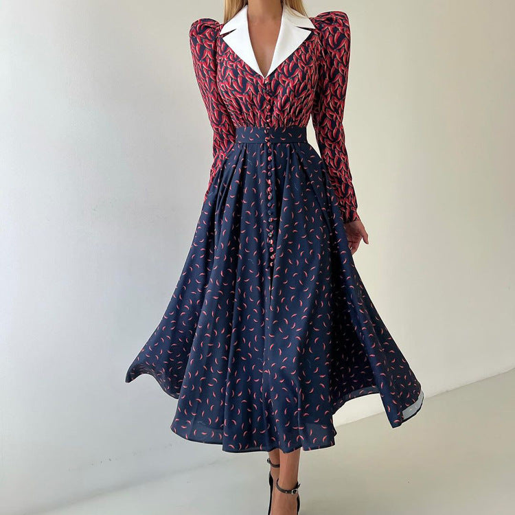 Robe trapèze imprimée à manches longues et col contrastés pour femme