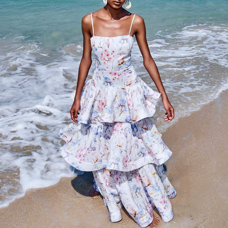 Vestido floral de vacaciones junto al mar para otoño e invierno, estampado, cinturón pintado, ajustado, adelgazante, para mujer