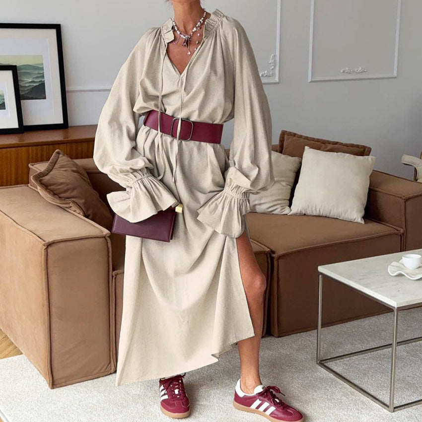 Gentle French Design Split Lace up Maxi Dress Women Office Long Linen Dress