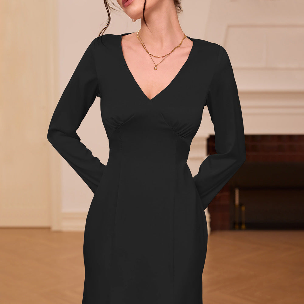 Women Clothing French V neck Satin Dress Autumn Winter High Waist Slim Dress