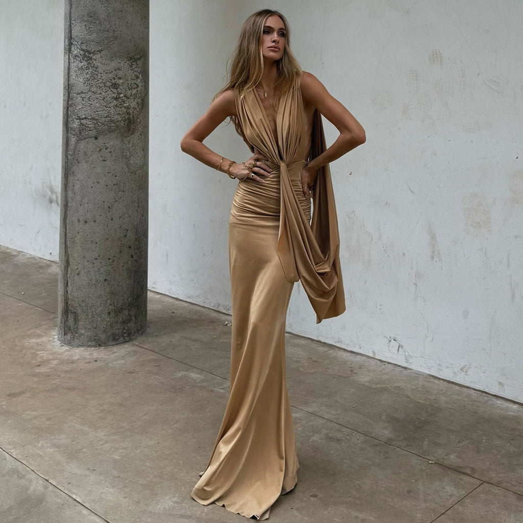 Vestido tubo ajustado sexy con escote en V profundo plisado y cinta para mujer de otoño e invierno, sin espalda