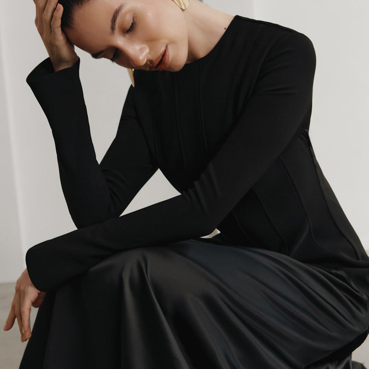 Design round Neck Long Sleeve Autumn Dress Women Clothing Elegant Black Dress