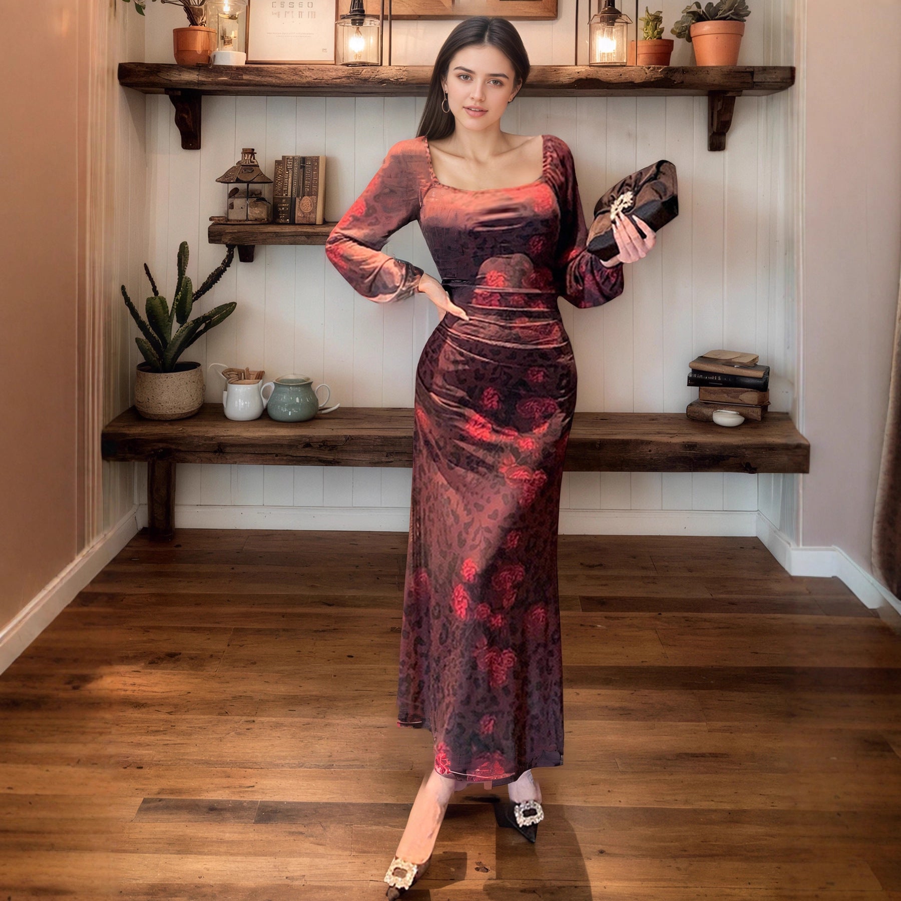 Women Clothing Tight Sexy Mesh Floral Print Square Collar Hip Maxi Dress