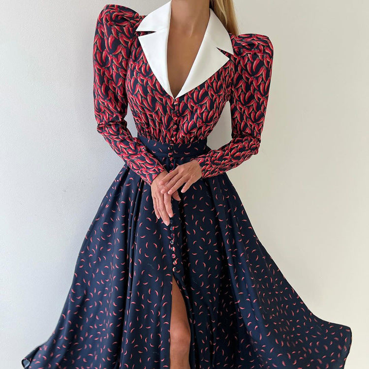 Robe trapèze imprimée à manches longues et col contrastés pour femme