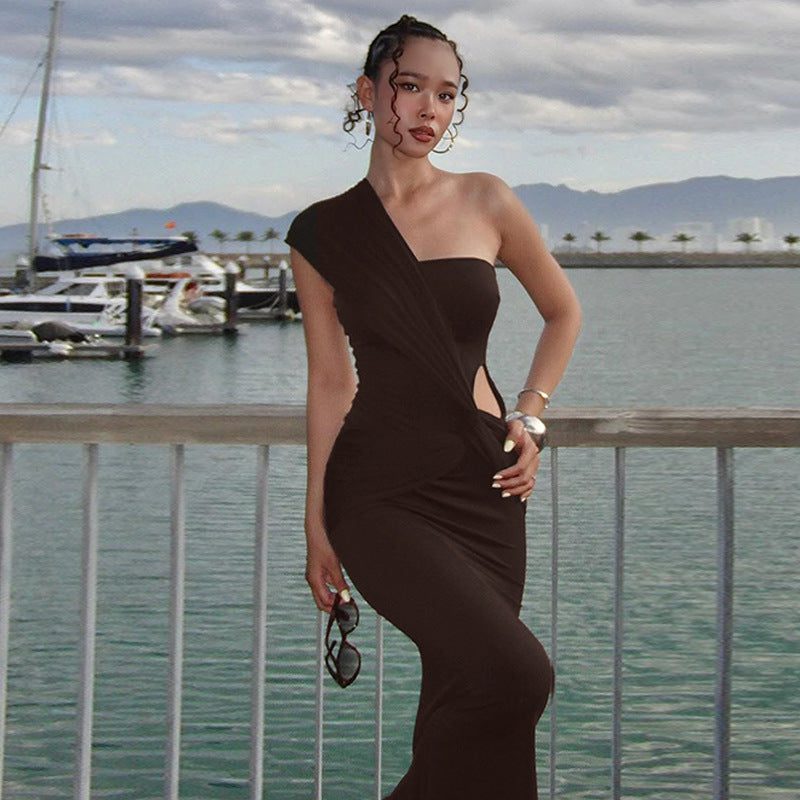 Women Clothing Winter Sexy Side Hollow Out Cutout Cross Strap One Shoulder Dress