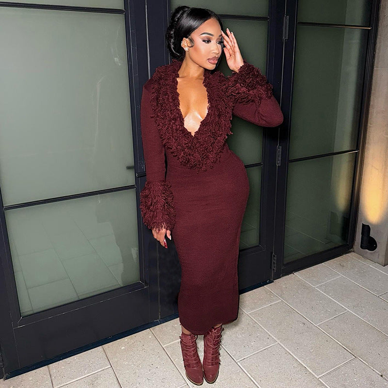 Autumn Winter Women Long Sleeved Tassel Sexy Deep V Plunge neck Solid Color Knitted Hip Wrapped Sexy Dress