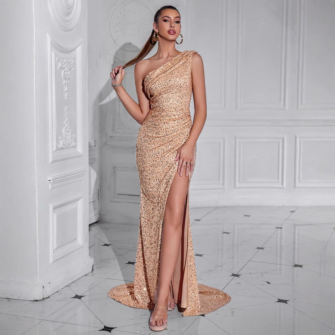 Robe sexy fendue haute pour femme, épaules dénudées, robe de soirée somptueuse