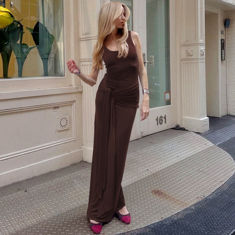 Robe moulante tendance pour femme, couleur unie, col en U, sans manches, taille cintrée et lacée