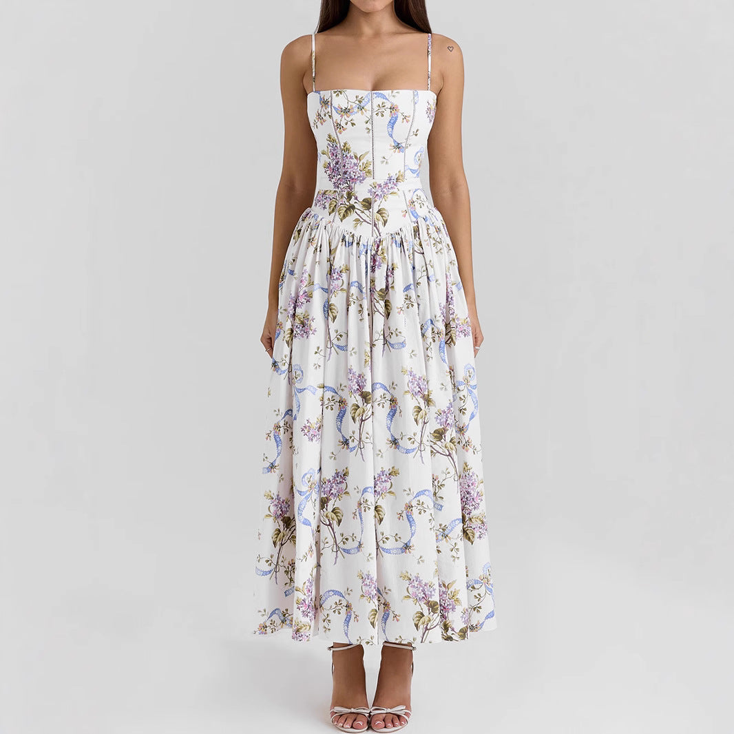 Sexy Printing Slip Dress Summer Slim Fit Backless Maxi Dress Elegant High Sense Summer Beautiful Dress